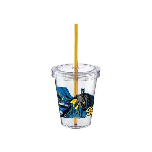 Pohár Műanyag Csavaros Tetővel és Szívószállal Átlátszó 440ml - Batman