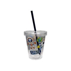   Pohár Műanyag Csavaros Tetővel és Szívószállal Átlátszó 440ml - Űr
