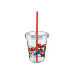   Pohár Műanyag Csavaros Tetővel és Szívószállal Átlátszó 440ml - Superman