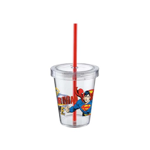 Pohár Műanyag Csavaros Tetővel és Szívószállal Átlátszó 440ml - Superman