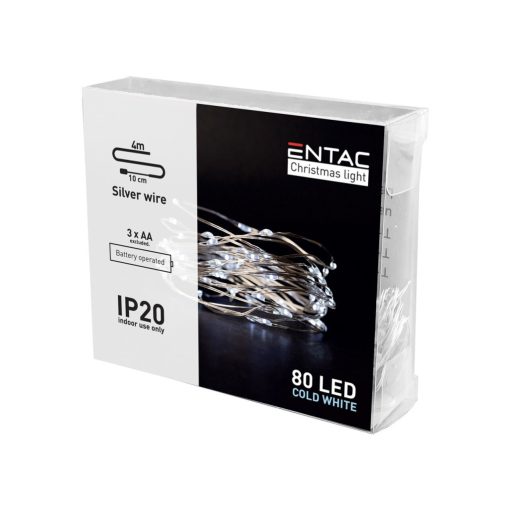 Entac Karácsonyi HIDEG fehér fényfüzér BELTÉRI IP20 - 80 LED - 4m