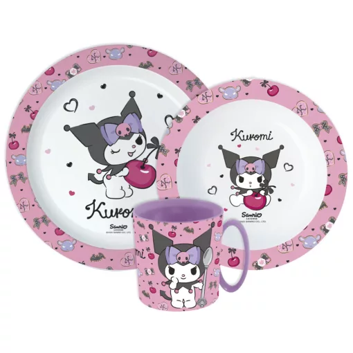 Hello Kitty Kuromi étkészlet, micro műanyag szett bögrével 390 ml