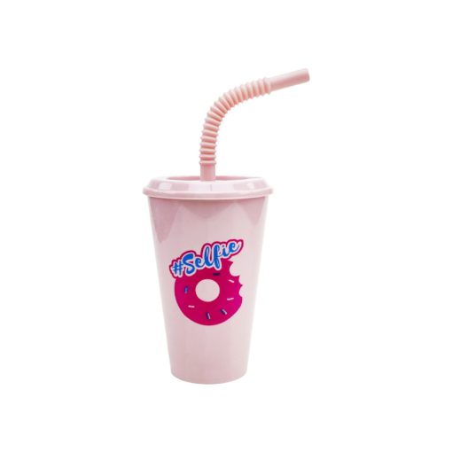 Pohár Műanyag Tetővel és Szívószállal 450ml - Rózsaszín Fánk