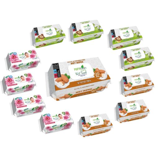 Pufy Fresh nedves törlőkendő 120db Fedeles - Illatmix - Mandulatej, Gerbera, Jázmin-jojoba(12csomag)